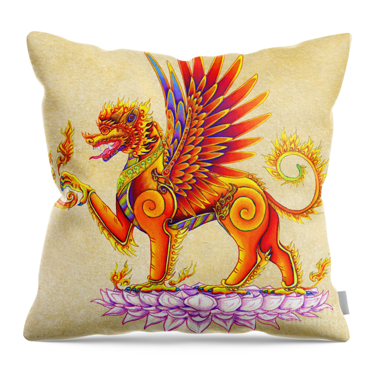 Singha Throw Pillow featuring the drawing Singha Balinese Winged Lion by Rebecca Wang