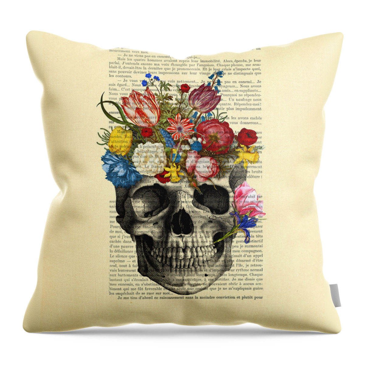 Till Death Do Us Part Throw Pillow featuring the digital art Skull With Flowers Vintage Illustration by Madame Memento