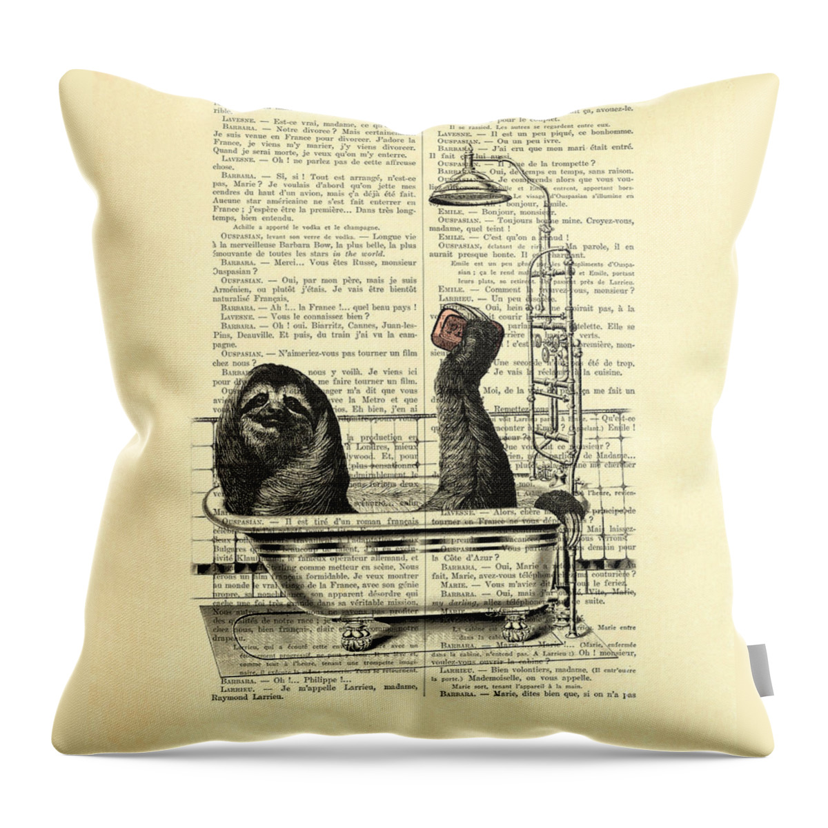 Sloth Throw Pillow featuring the digital art Sloth, funny children's art, bathroom decor by Madame Memento