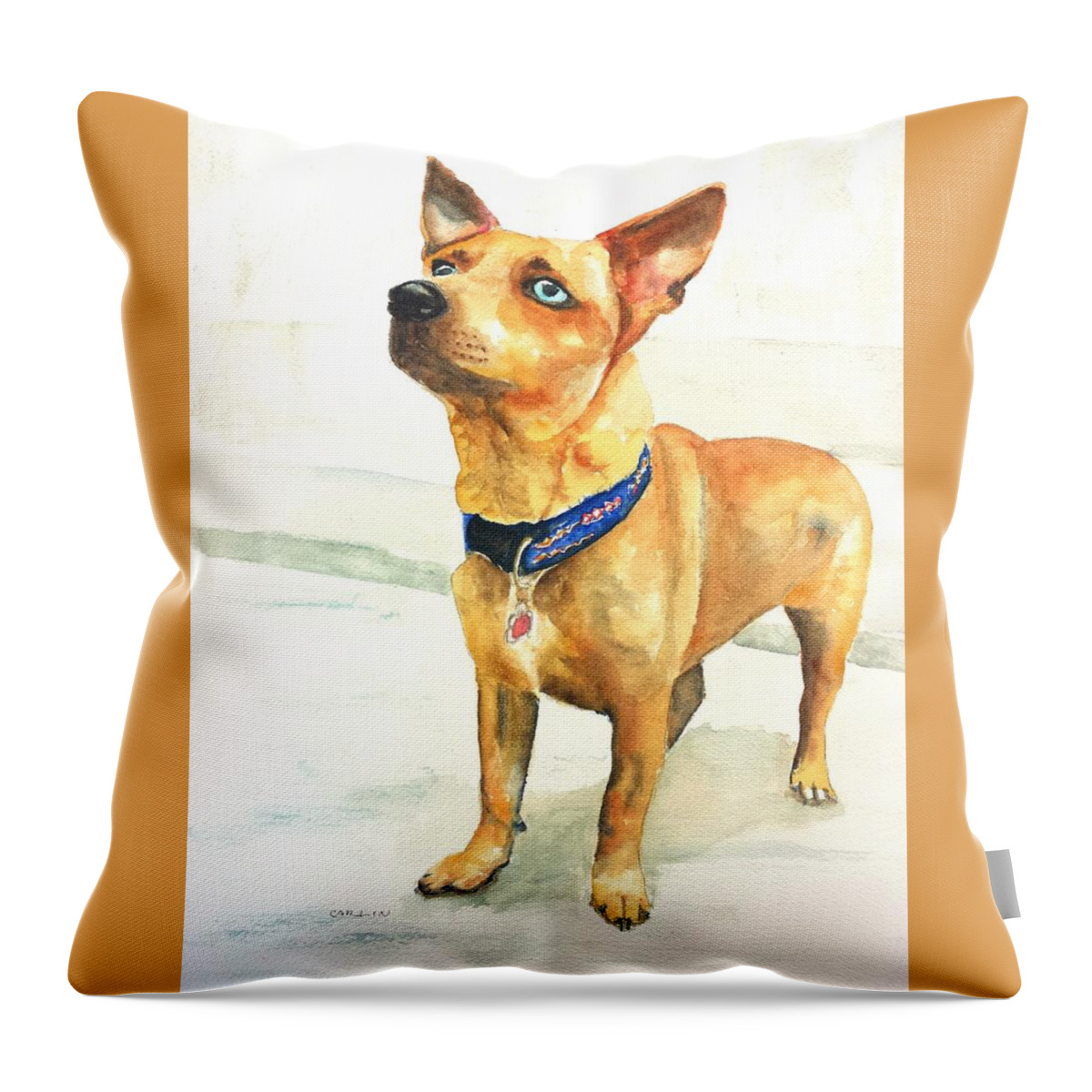 Dog Throw Pillow featuring the painting Small short hair brown dog by Carlin Blahnik CarlinArtWatercolor