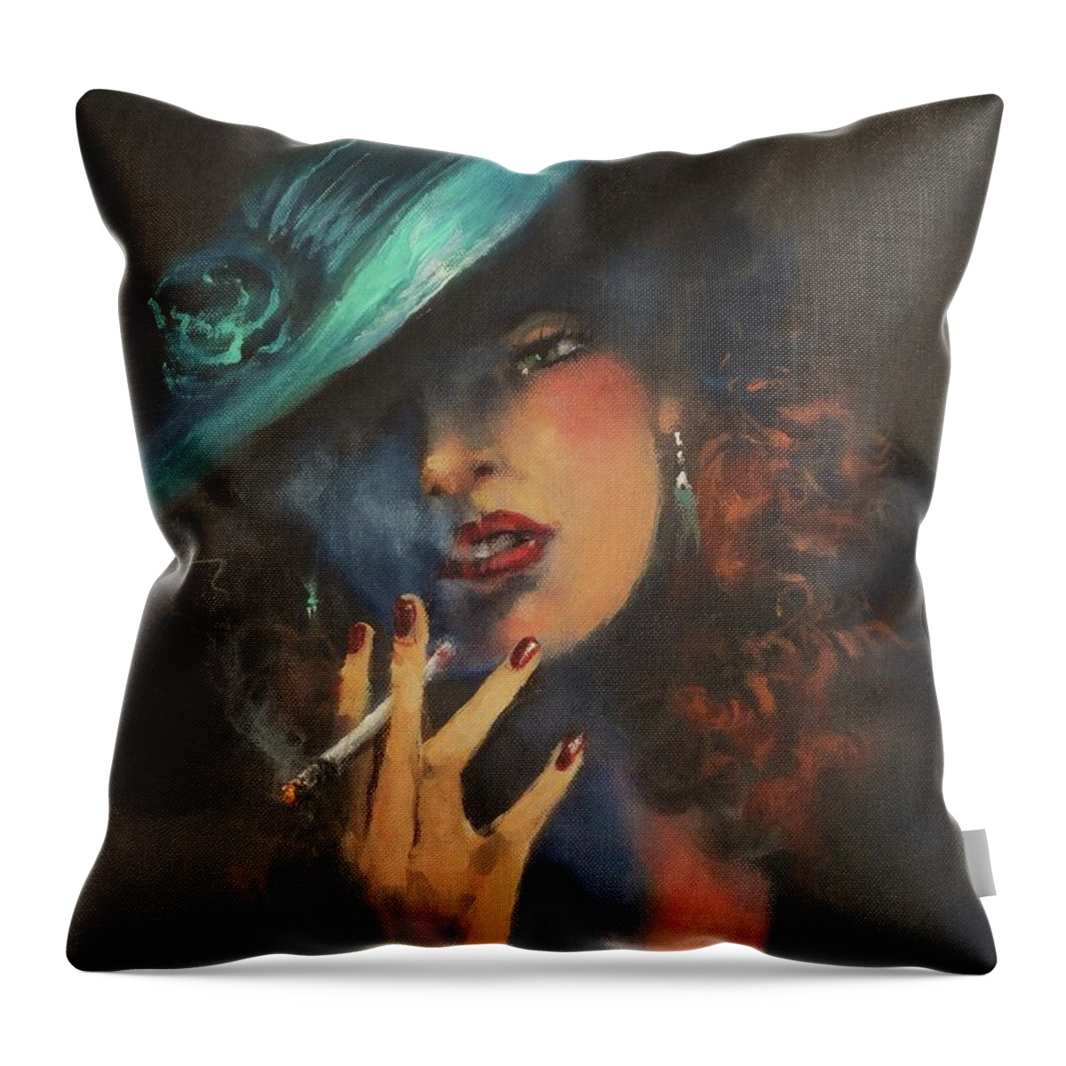 Woman Smoking Cigarette Throw Pillow featuring the painting Smoke Gets In Your Eyes by Tom Shropshire