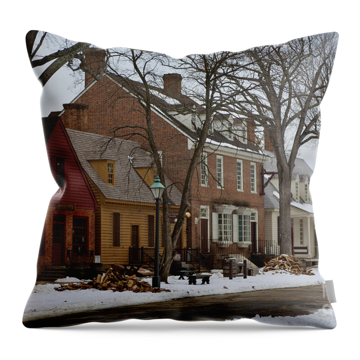 Colonial Williamsburg Throw Pillow featuring the photograph Snow in Colonial Williamsburg by Lara Morrison