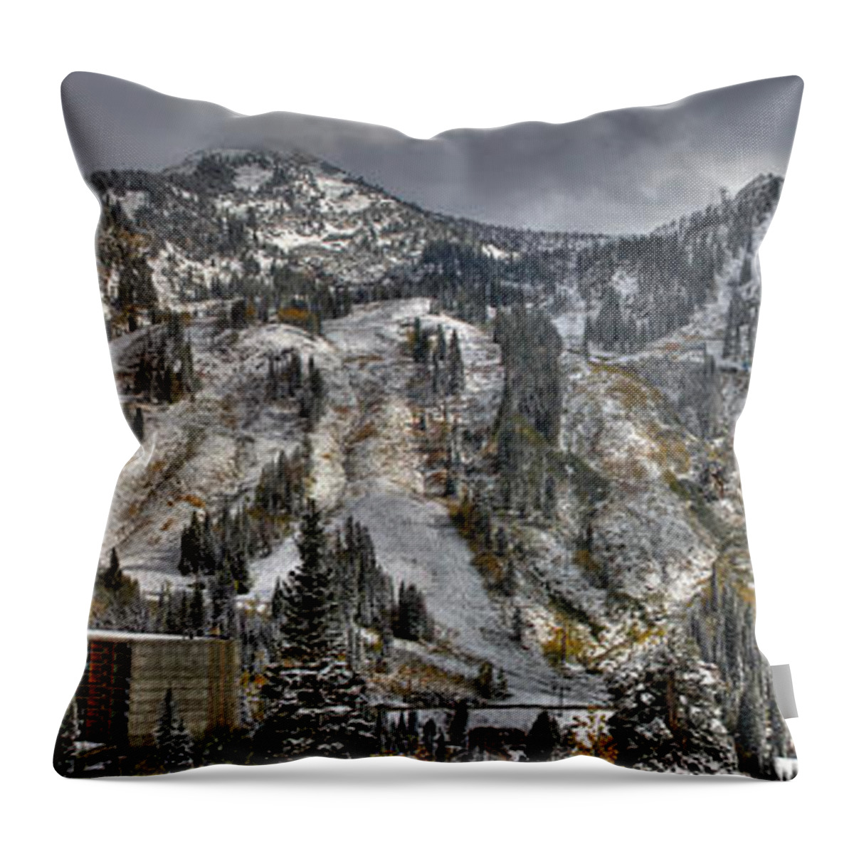 Panoramic Throw Pillow featuring the photograph Snowbird Early Snow in Fall Panoramic by Brett Pelletier