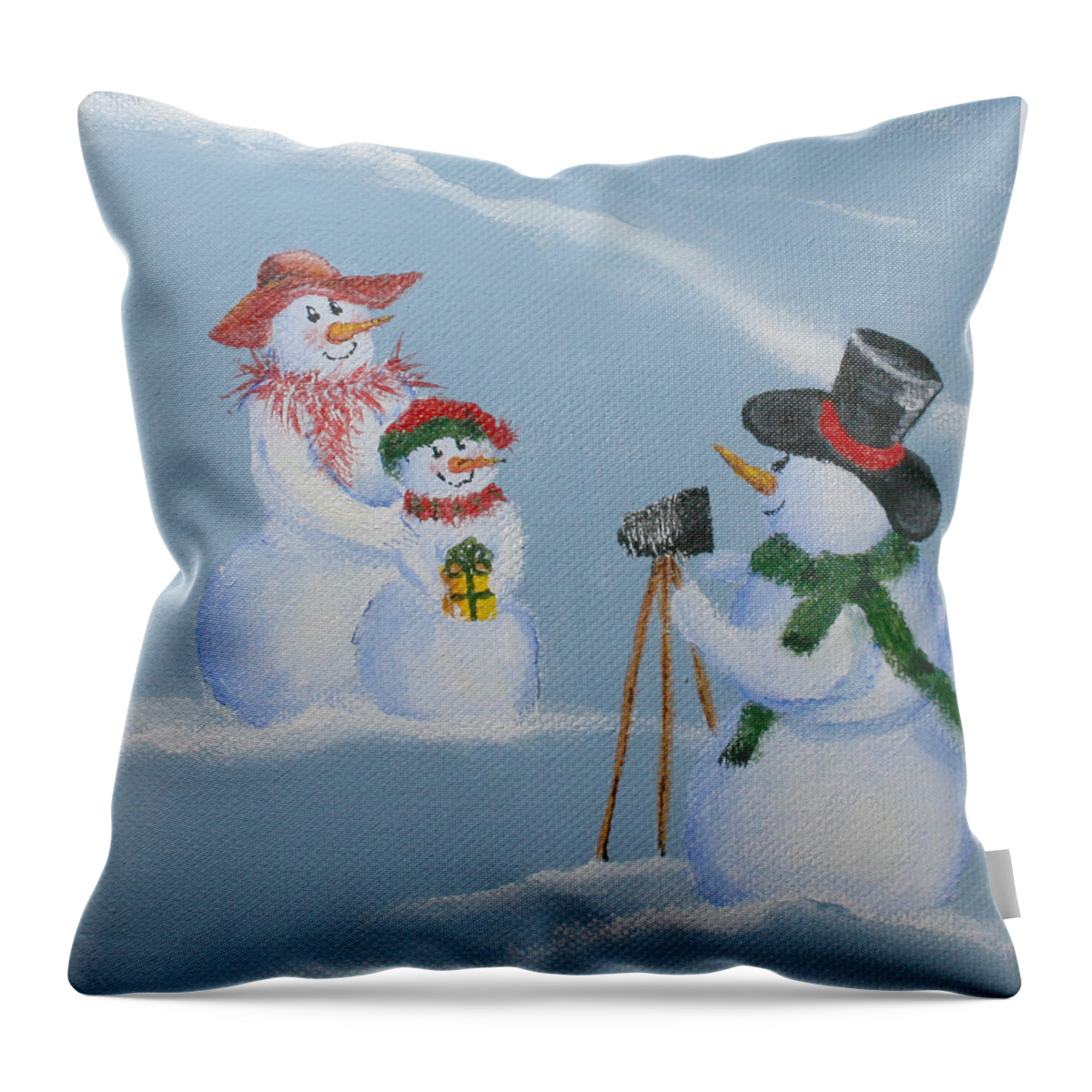 Snowman Throw Pillow featuring the painting Snowie Photographer by Donna Tucker