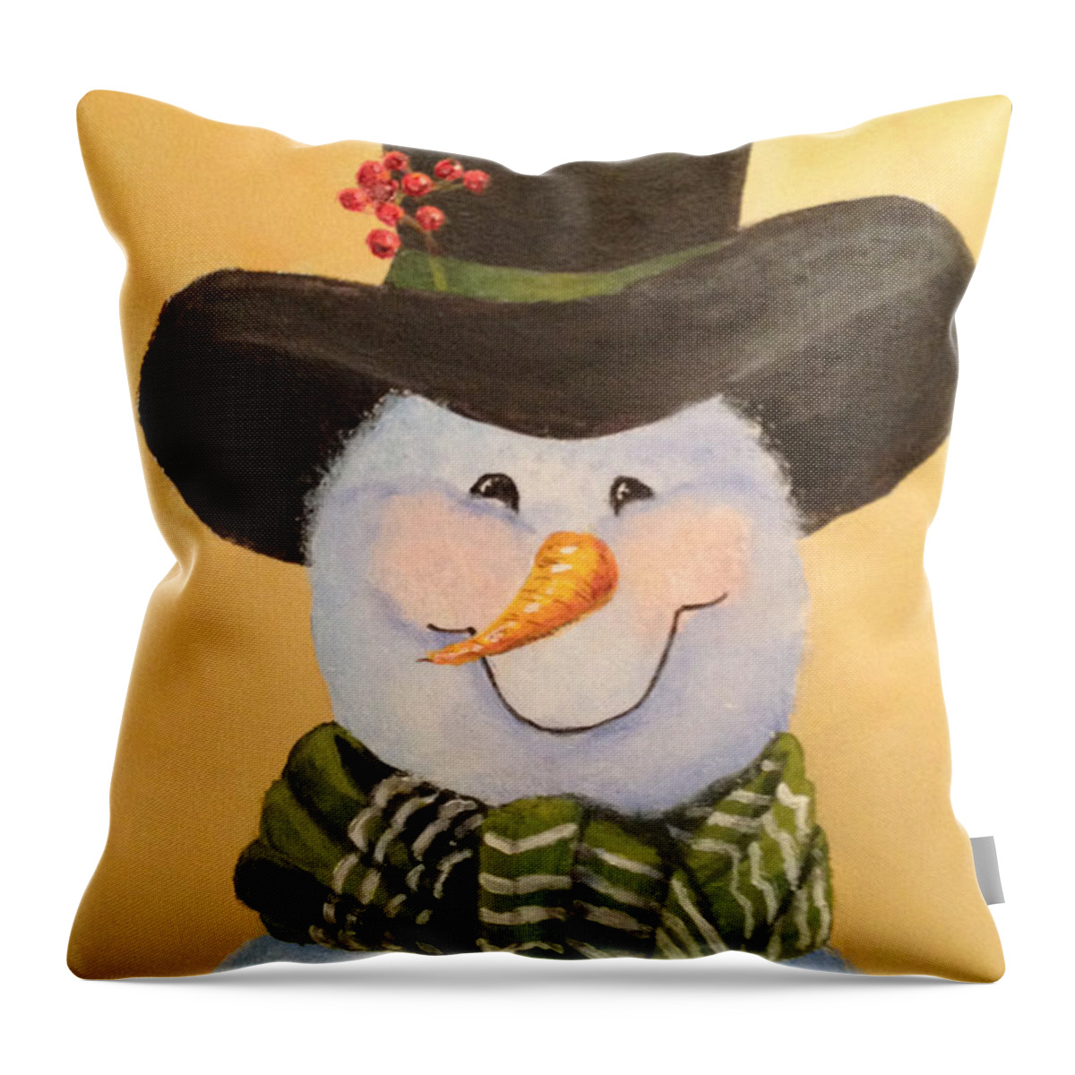 Snowie Throw Pillow featuring the painting Snowman in Green Scarf by Donna Tucker