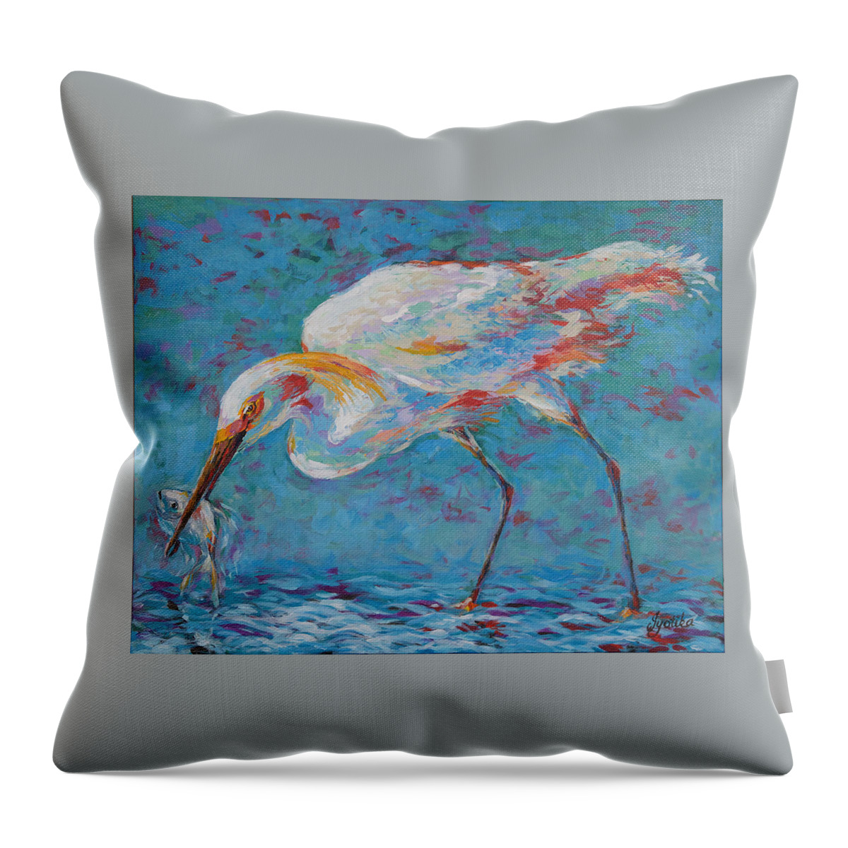 Bird Throw Pillow featuring the painting Snowy Egret's Prized Catch by Jyotika Shroff