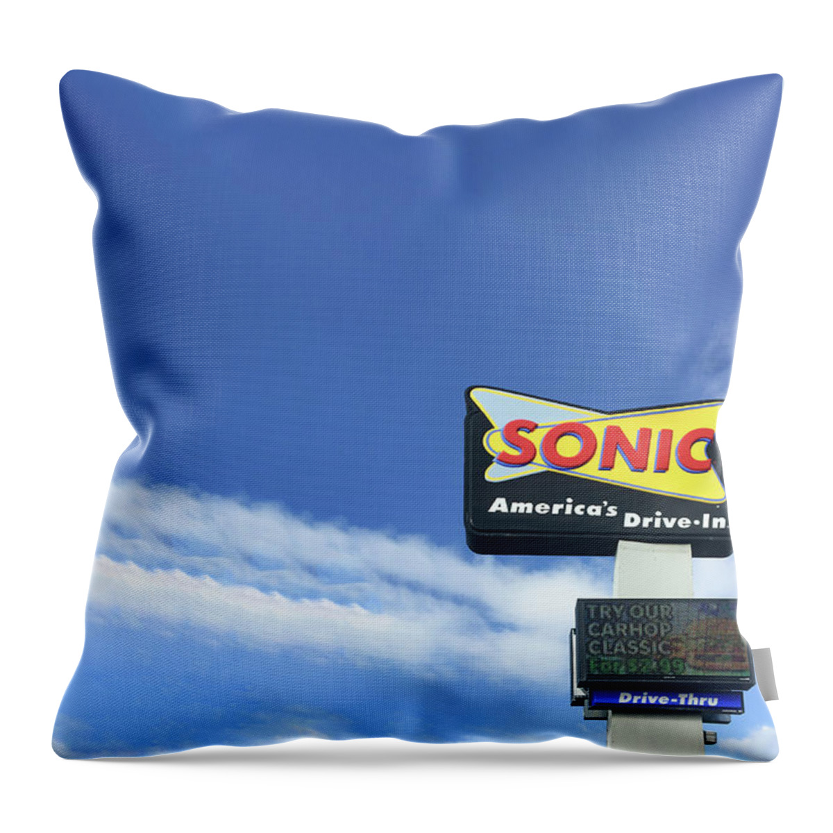 America's Throw Pillow featuring the photograph Sonic Americas Drive In Dark Blue Sky by Bert Peake