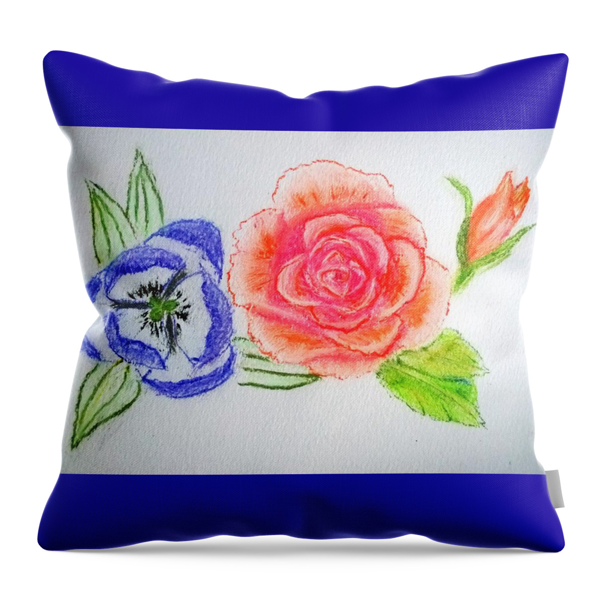 Sorrow Throw Pillow featuring the drawing Sorrow Orange Rose with Blue Tulip by Delynn Addams