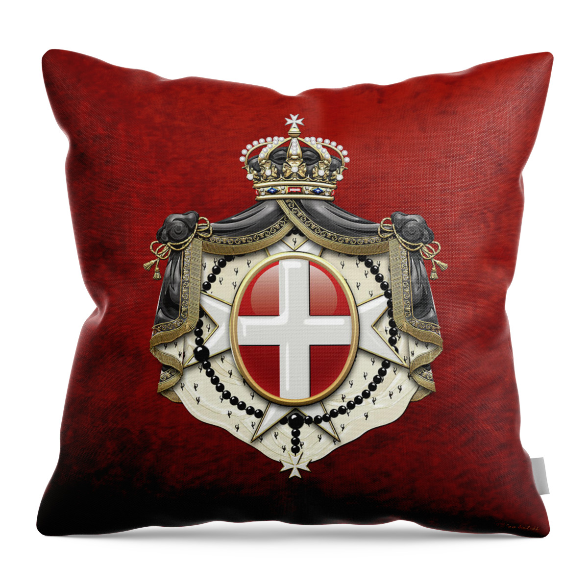 'ancient Brotherhoods' Collection By Serge Averbukh Throw Pillow featuring the digital art Sovereign Military Order of Malta Coat of Arms over Red Velvet by Serge Averbukh