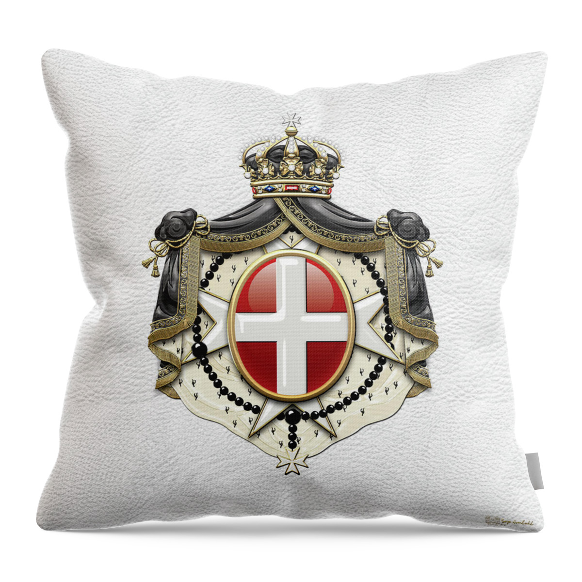 'ancient Brotherhoods' Collection By Serge Averbukh Throw Pillow featuring the digital art Sovereign Military Order of Malta Coat of Arms over White Leather by Serge Averbukh