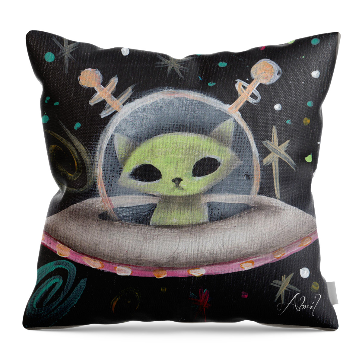 Mid Century Modern Throw Pillow featuring the painting Space Ship Green Cat by Abril Andrade