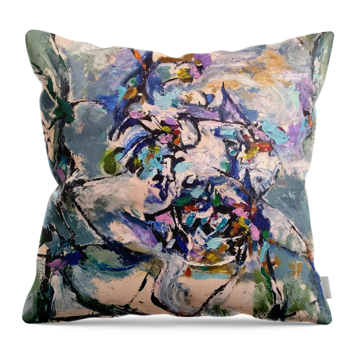 Abstract Throw Pillow featuring the painting Spacial Encounter by Nicolas Bouteneff