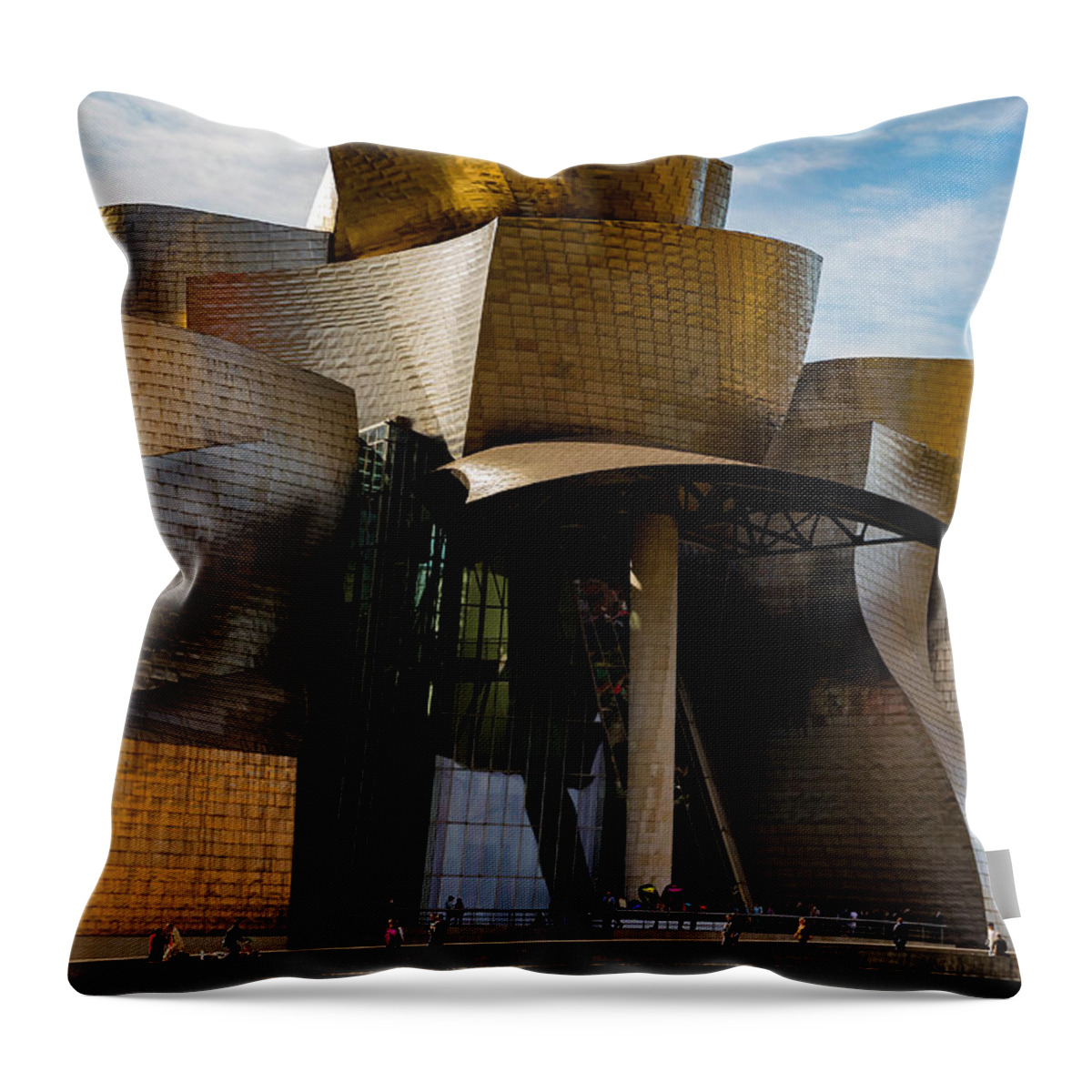 Spain Bilbao Guggenheim Museum Basque Country Frank Gehry Contemporary Architecture Nervion River City Daring And Innovative Curves Building Exterior Spectacular Building Deconstructivism Ferrovial Clad In Glass Throw Pillow featuring the photograph The Guggenheim Museum Spain Bilbao by Andy Myatt