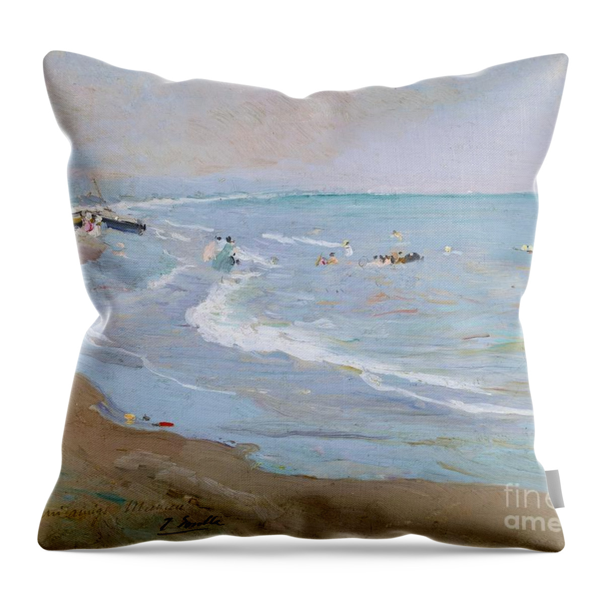 Joaqu�n Sorolla 1863 - 1923 Spanish Playa De Valencia. Sea Throw Pillow featuring the painting Spanish Playa De Valencia by MotionAge Designs