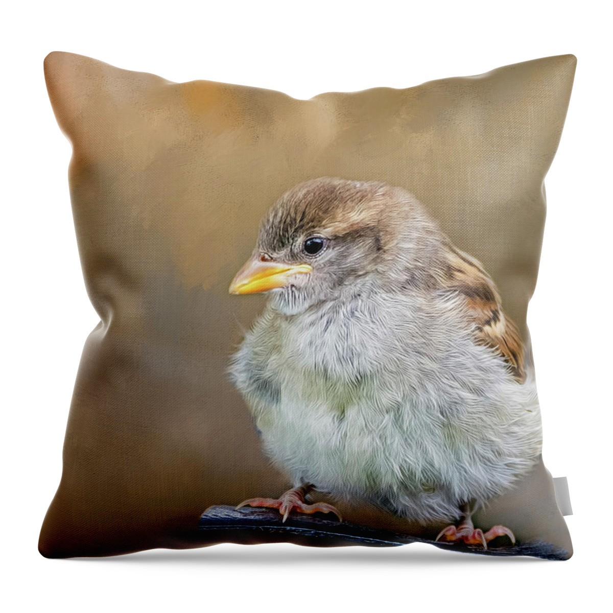 Fledgeling Throw Pillow featuring the photograph Sparrow Fledgeling by Cathy Kovarik
