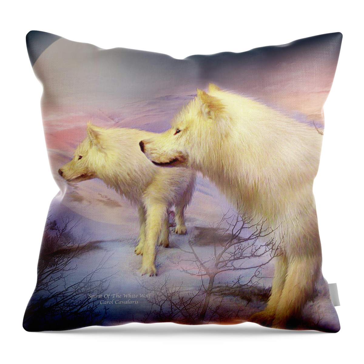 White Wolf Throw Pillow featuring the mixed media Spirit Of The White Wolf by Carol Cavalaris