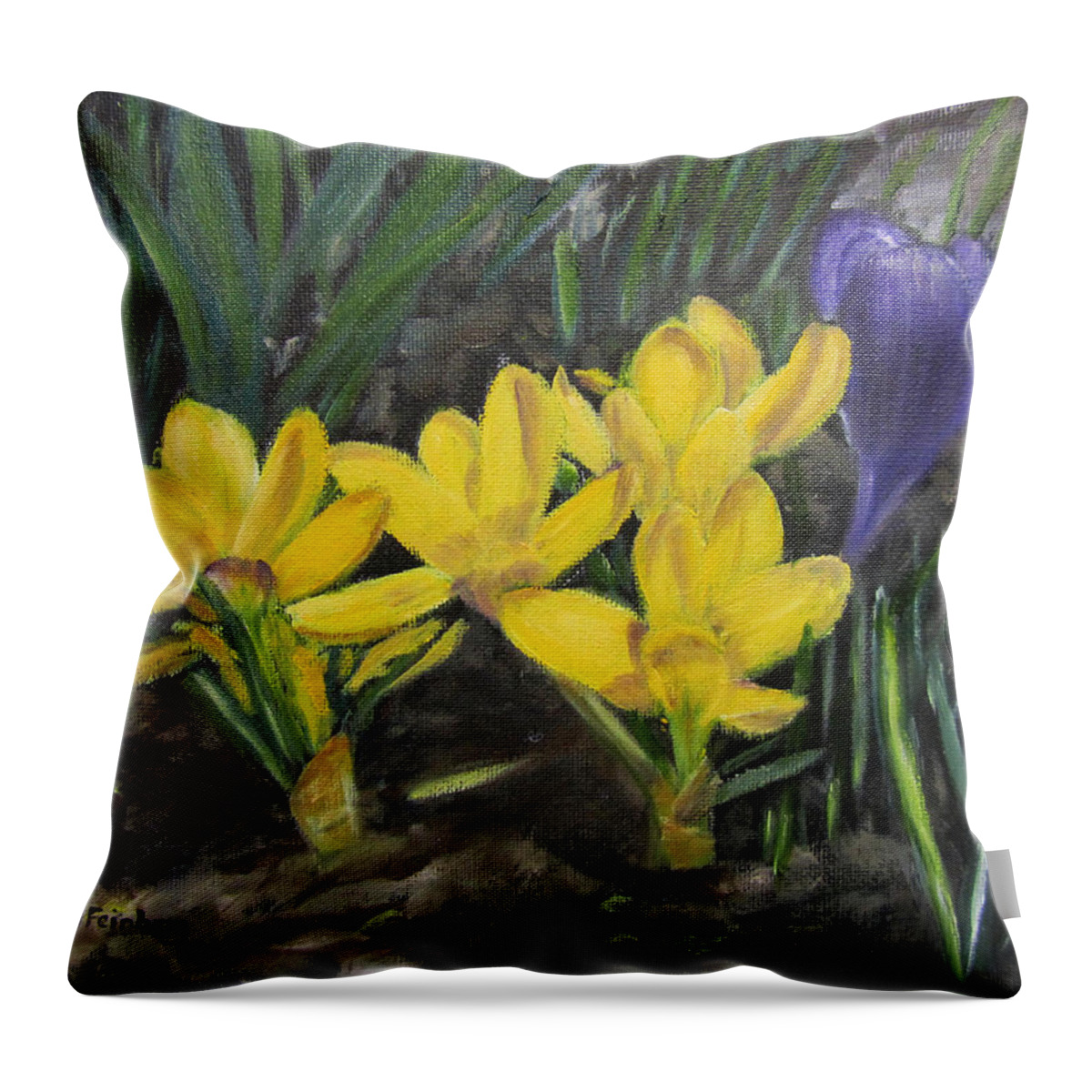 Crocus Throw Pillow featuring the painting Spring crocuses by Linda Feinberg
