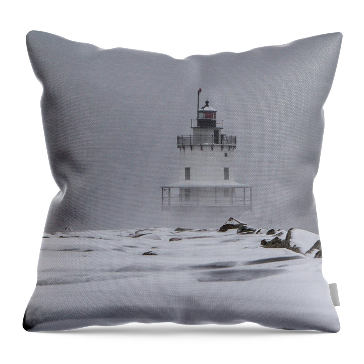 Sprint Point Throw Pillow featuring the photograph Spring Point Ledge Lighthouse Blizzard by Darryl Hendricks
