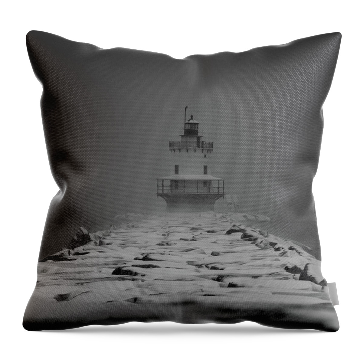 Sprint Point Throw Pillow featuring the photograph Spring Point Ledge Lighthouse Blizzard in Black n White by Darryl Hendricks