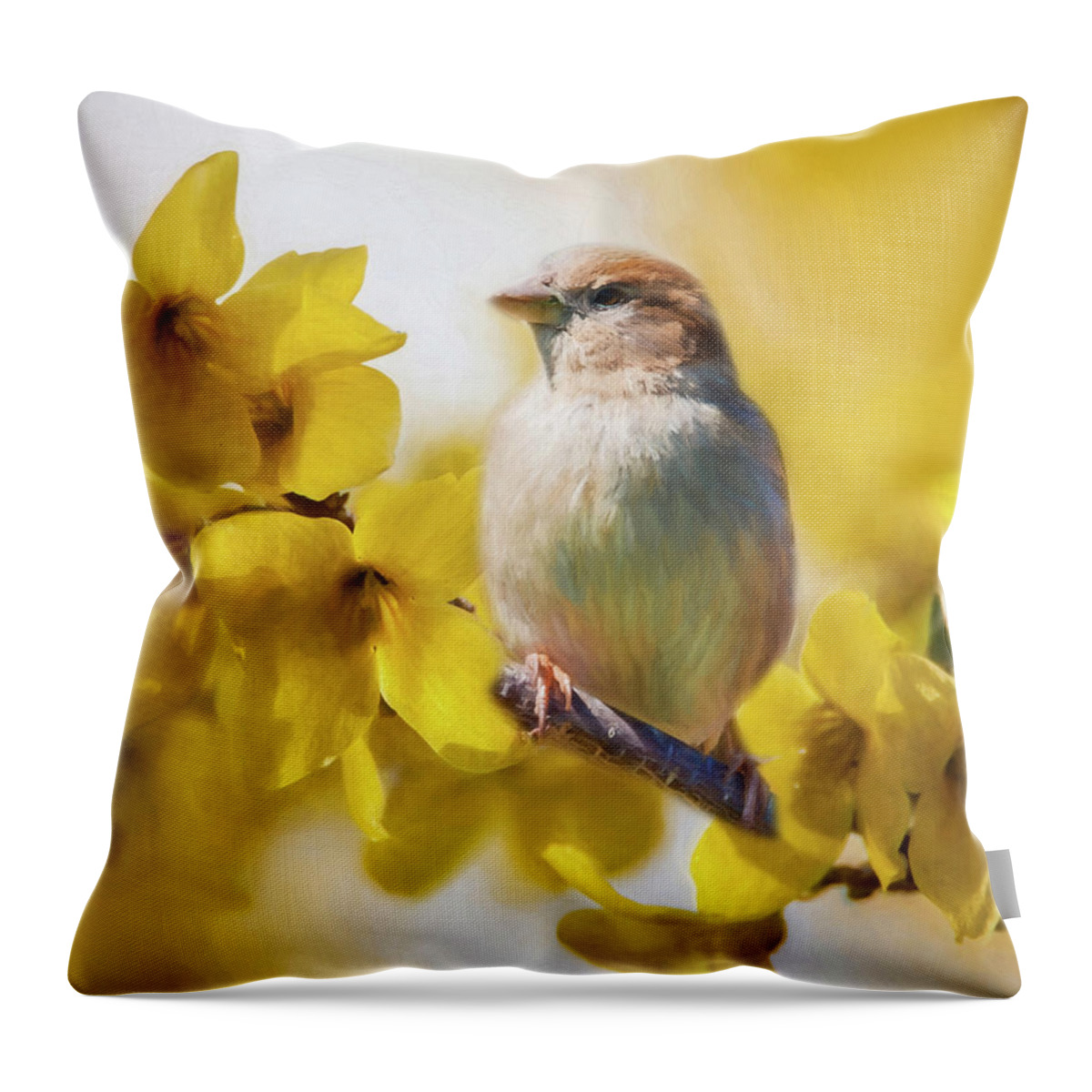 Forsythia Throw Pillow featuring the photograph Spring Sparrow by Cathy Kovarik