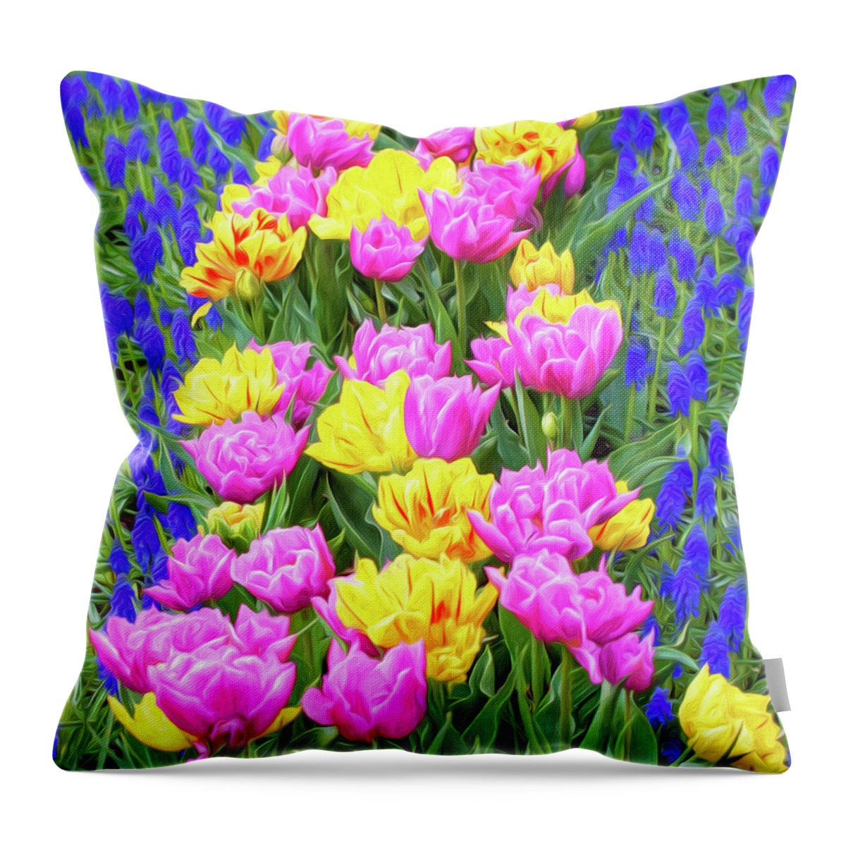 Tulips Throw Pillow featuring the mixed media Springtime Tulips 01 Painterly Effect by Carol Leigh