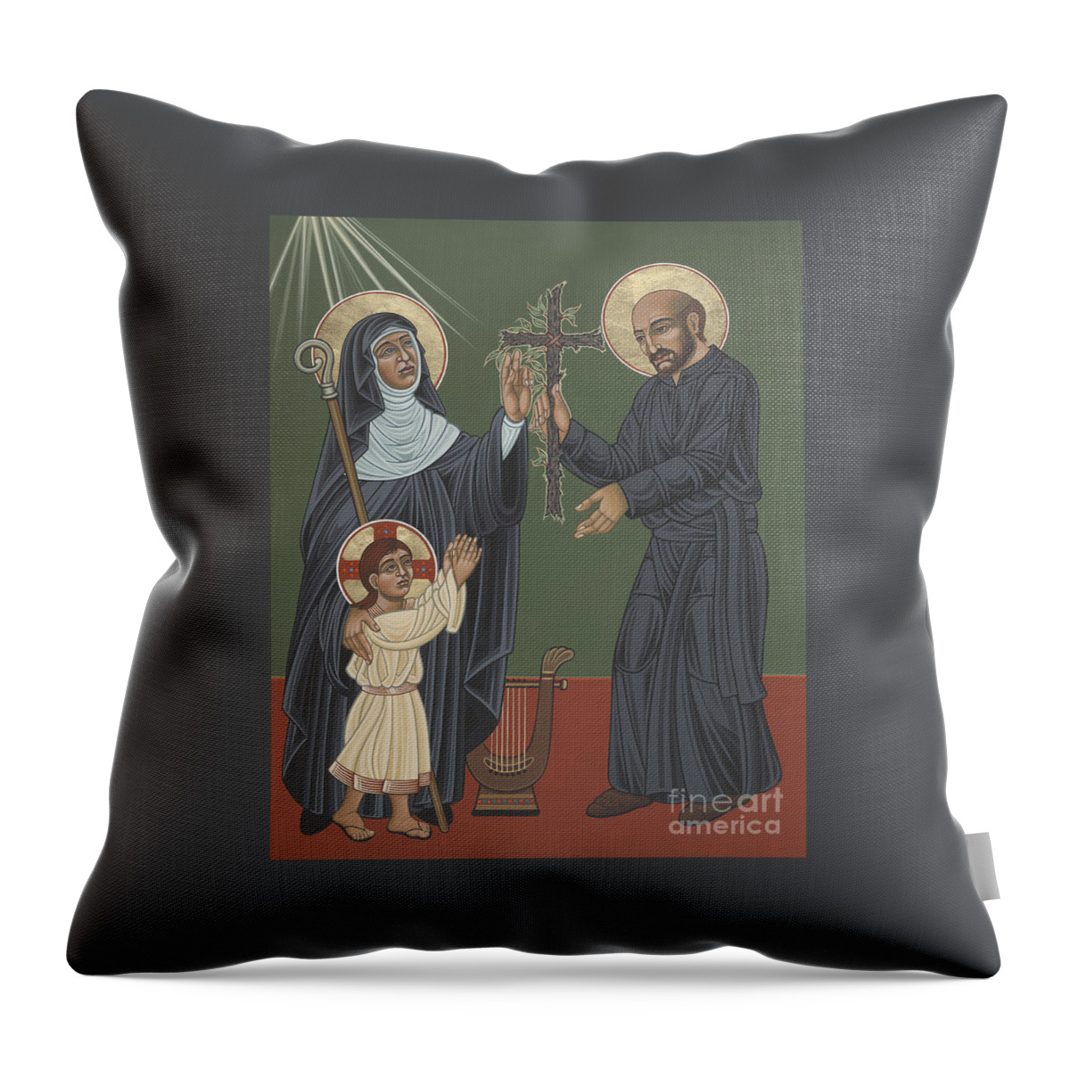 St Hildegard Throw Pillow featuring the painting St Hildegard and St Ignatius- Viriditas by William Hart McNichols