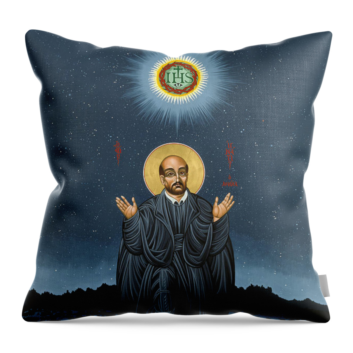 St. Ignatius Throw Pillow featuring the painting St. Ignatius in Prayer Beneath the Stars 137 by William Hart McNichols