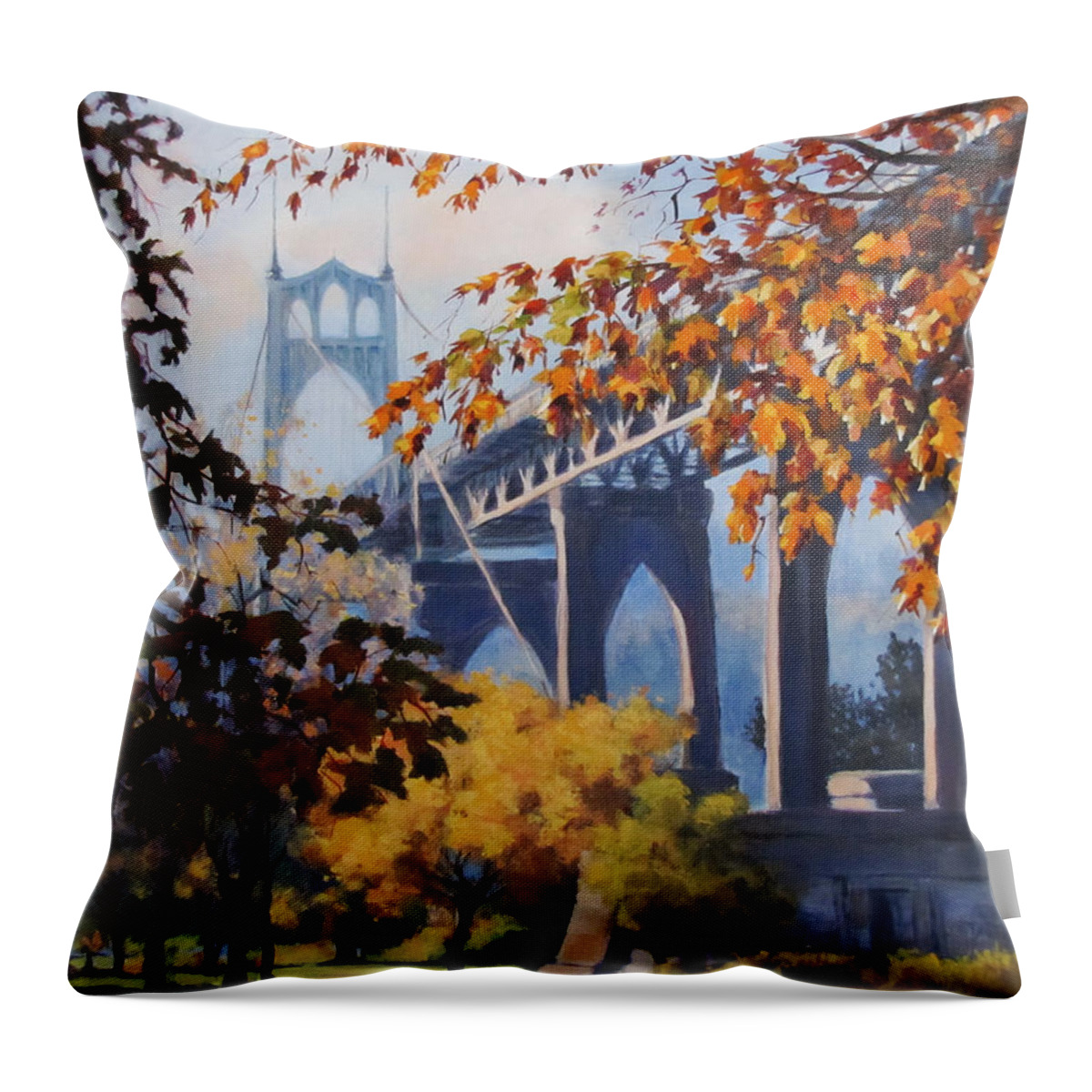 Bridge Throw Pillow featuring the painting St Johns Autumn by Karen Ilari