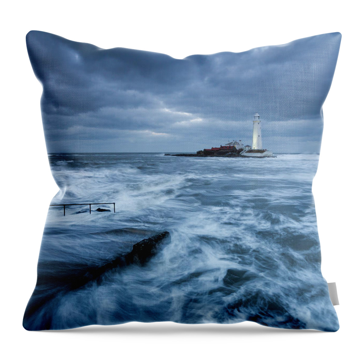 St Mary's Lighthouse Throw Pillow featuring the photograph St Mary's Lighthouse and the cold North Sea by Anita Nicholson