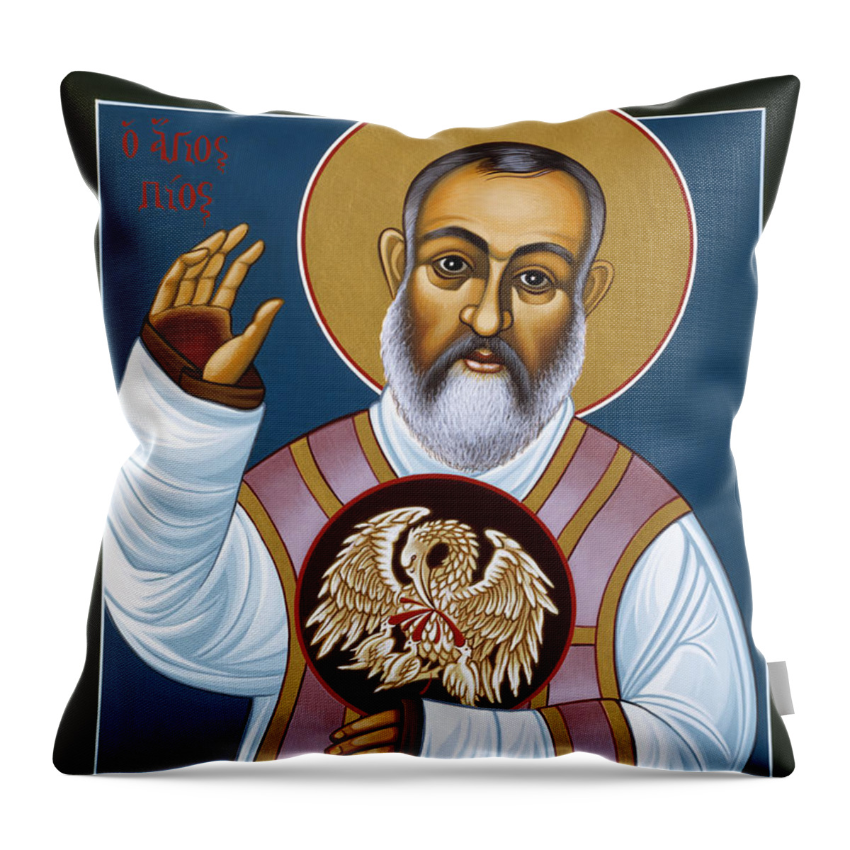 St Padre Pio Mother Pelican Throw Pillow featuring the painting St Padre Pio Mother Pelican 047 by William Hart McNichols