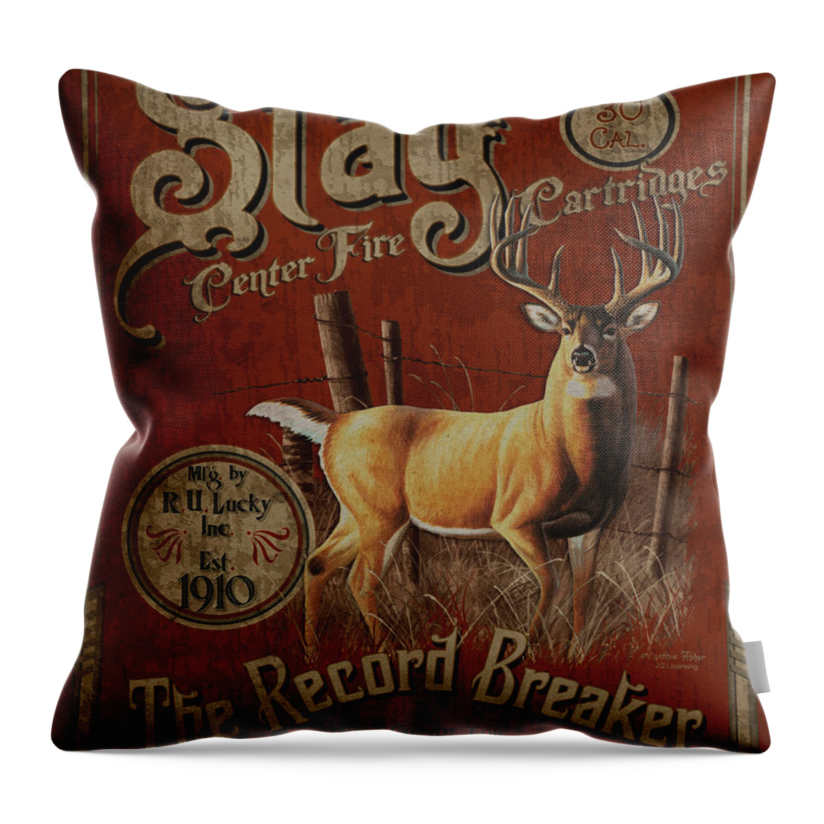 Cynthie Fisher Throw Pillow featuring the painting Stag Cartridges Sign by JQ Licensing
