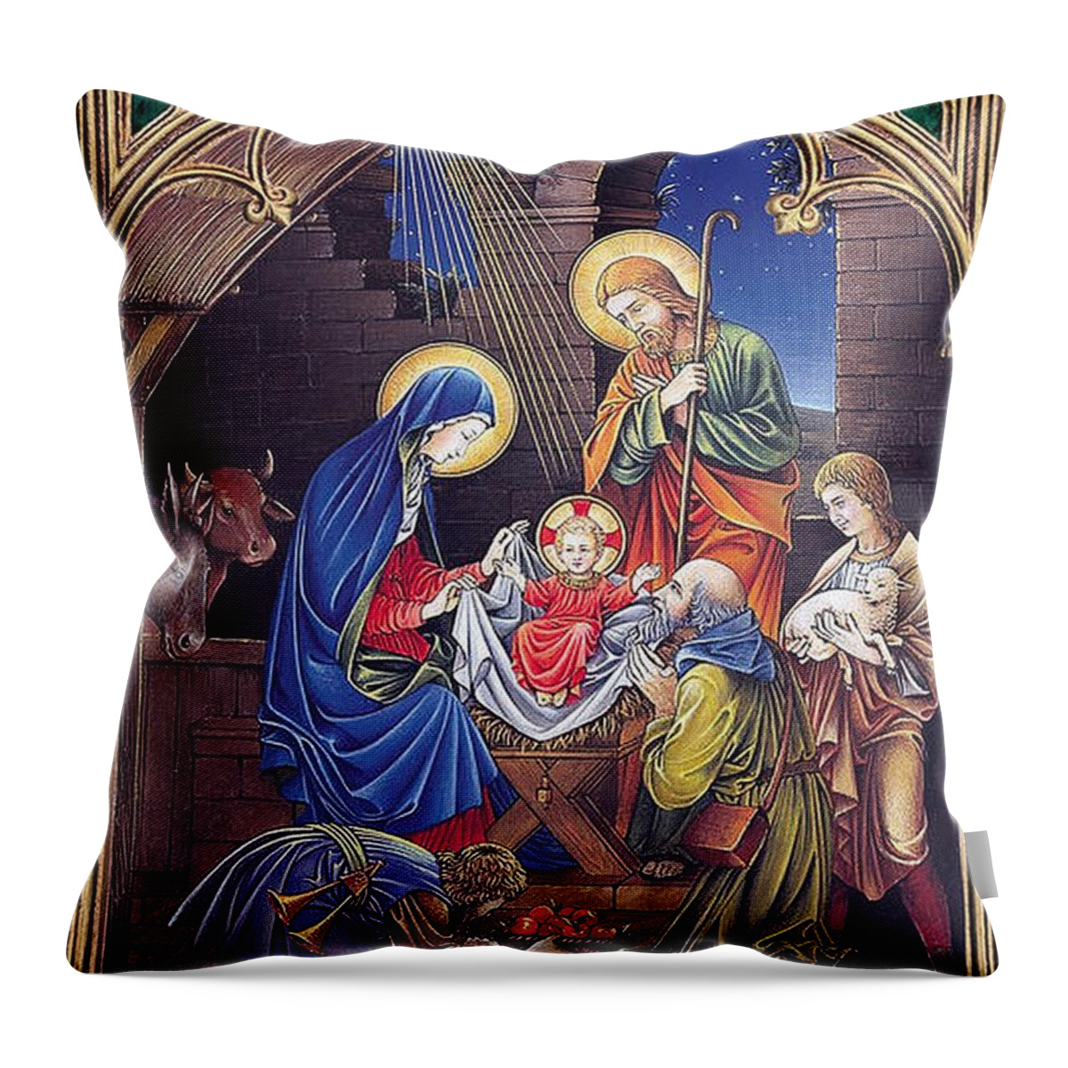 Nativity Throw Pillow featuring the painting Stained Glass Nativity by Artist Unknown