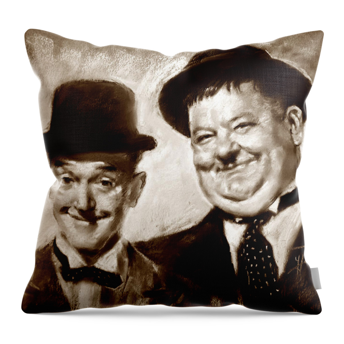 Stan Laurel Throw Pillow featuring the drawing Stan Laurel Oliver Hardy by Ylli Haruni