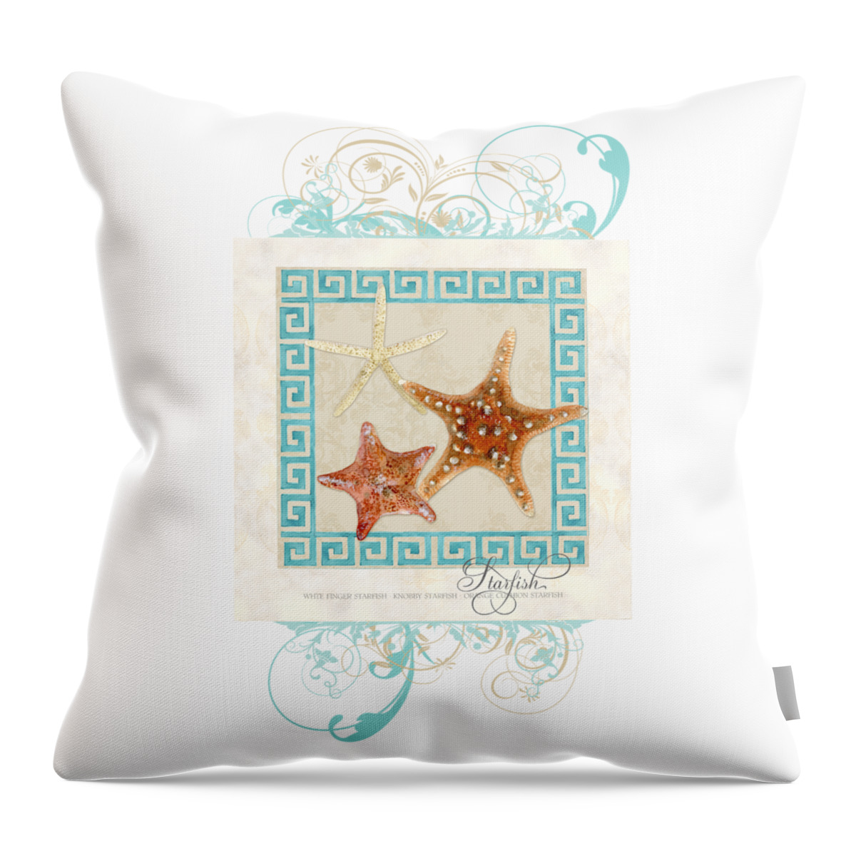 White Finger Starfish Throw Pillow featuring the painting Starfish Greek Key Pattern w Swirls by Audrey Jeanne Roberts