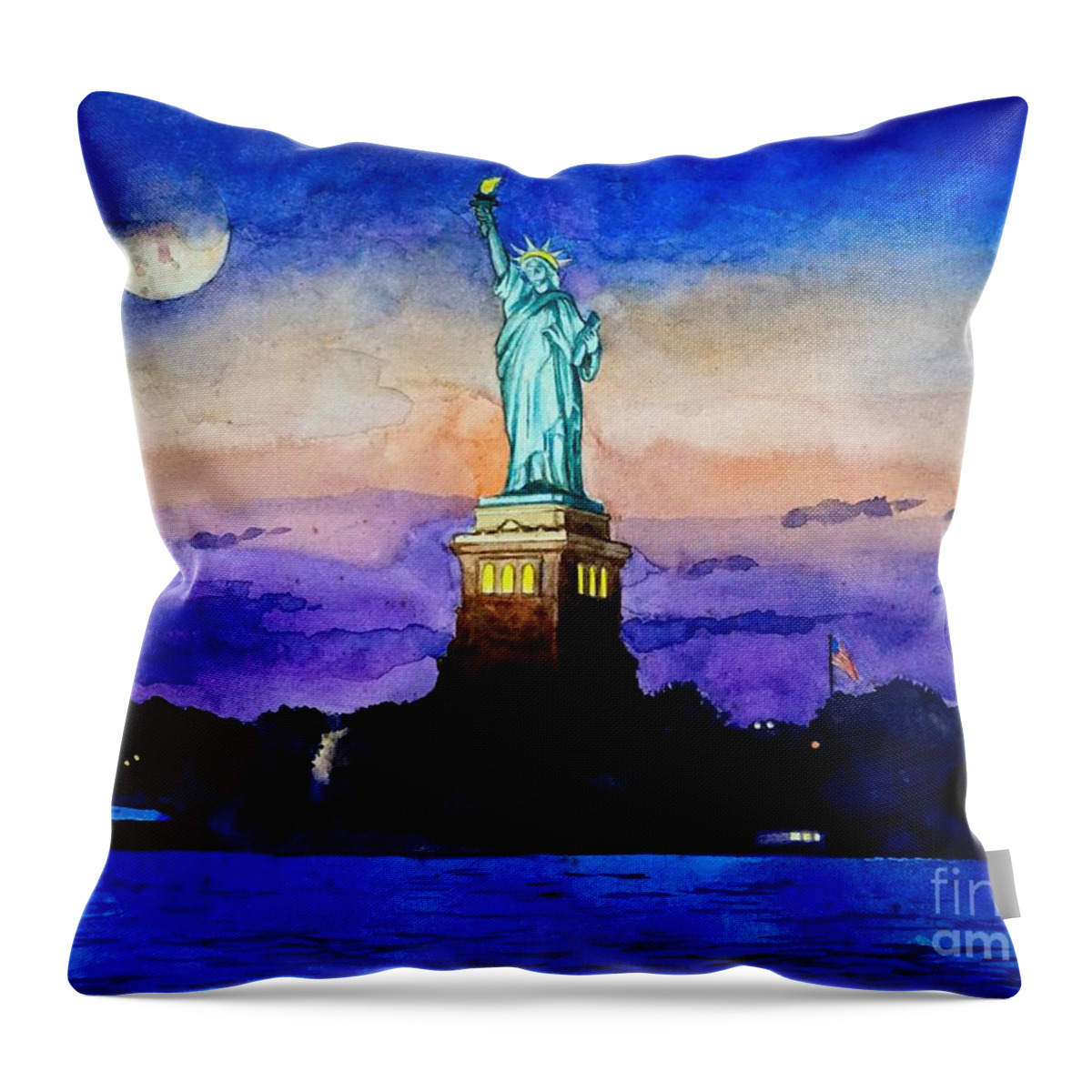 Statue Of Liberty Throw Pillow featuring the painting Statue of Liberty New York by Christopher Shellhammer