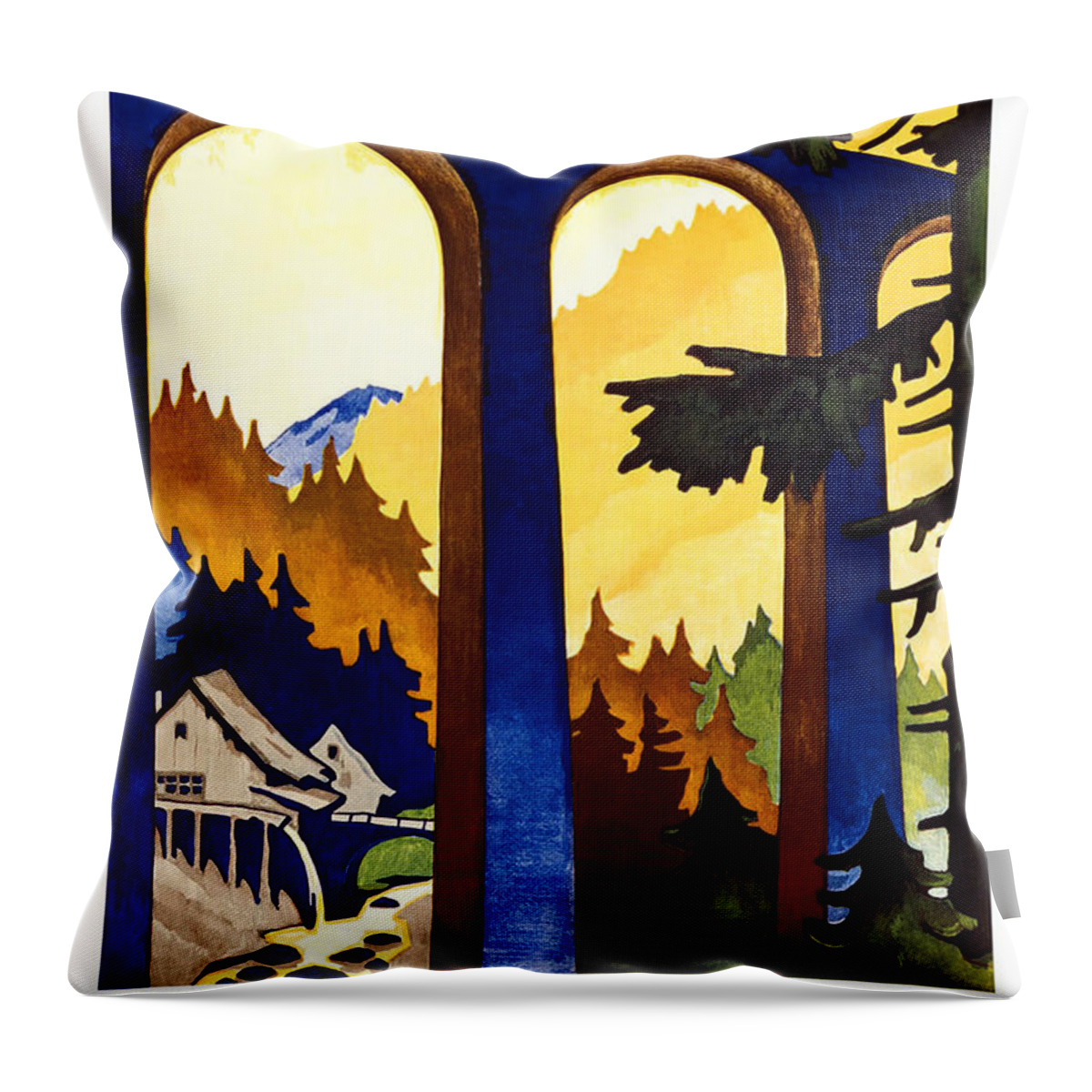 Germany Throw Pillow featuring the painting Steam Engine Train Passing through a tall bridge in the German Black Forest - Vintage Travel Poster by Studio Grafiikka