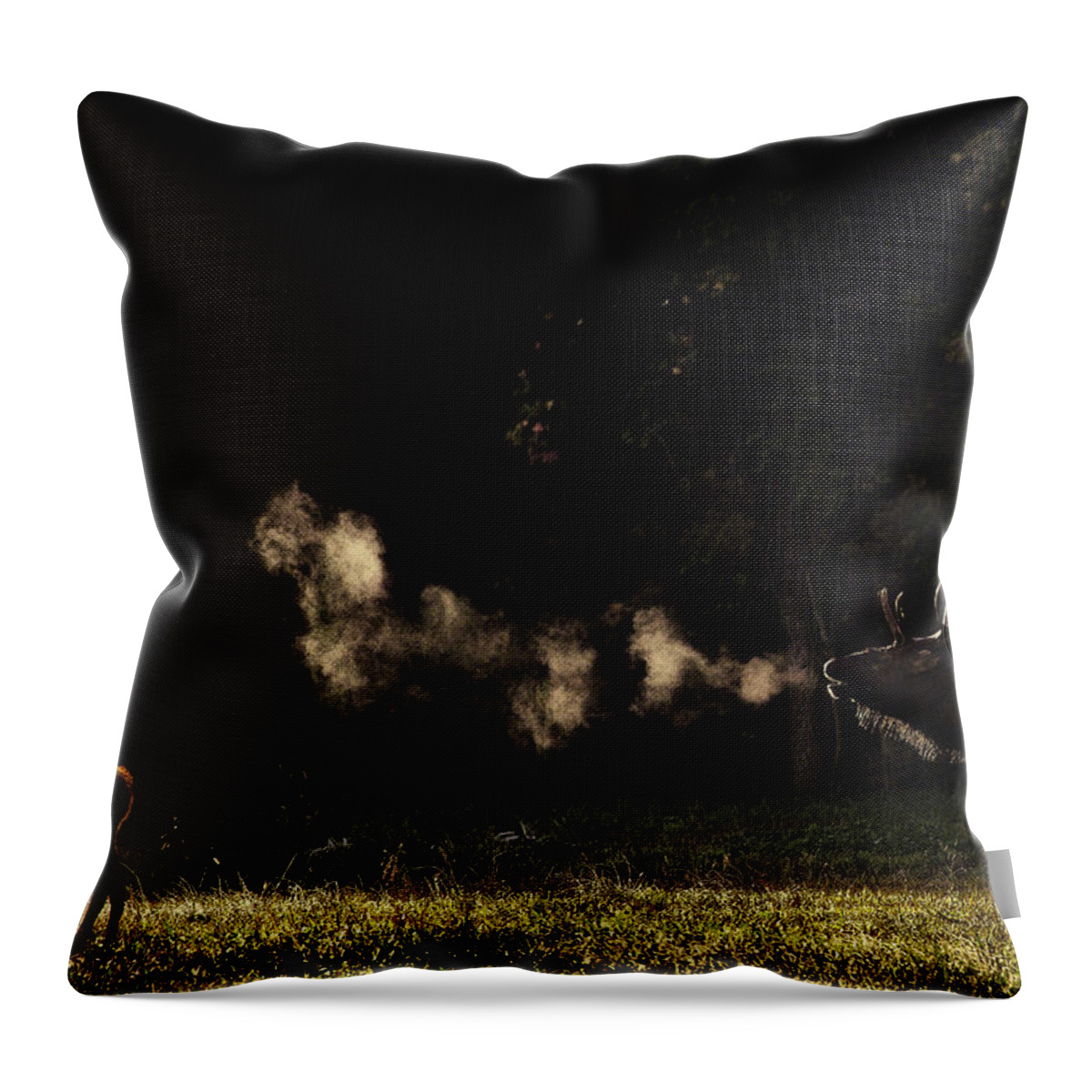 Elk Bugle Throw Pillow featuring the photograph Steamy Breath Elk Bugle by Michael Dougherty