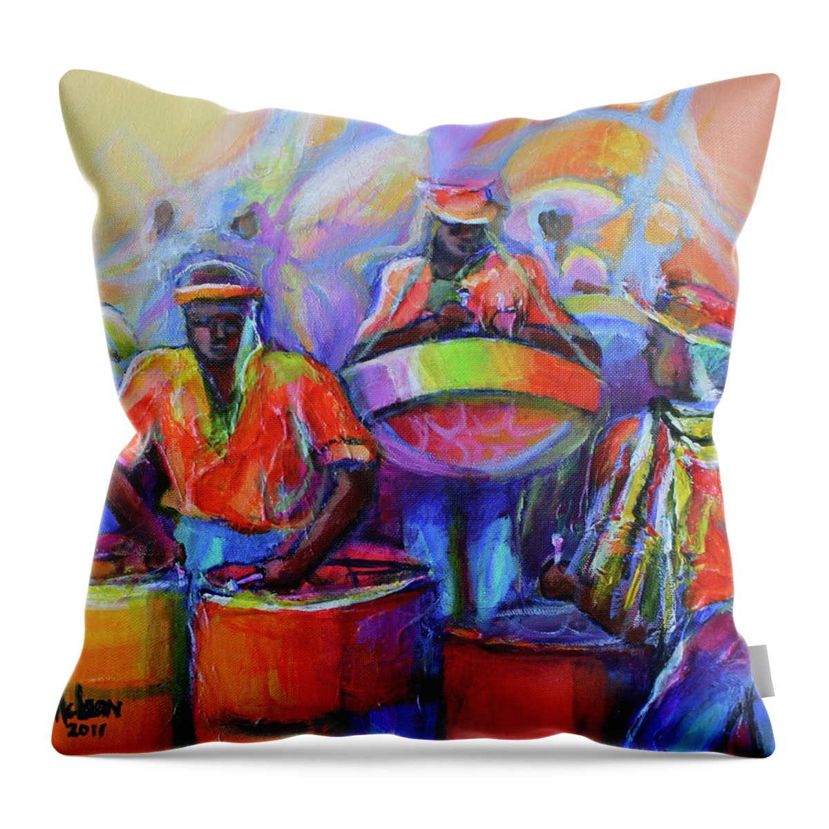 Abstract Throw Pillow featuring the painting Steel Pan Carnival by Cynthia McLean