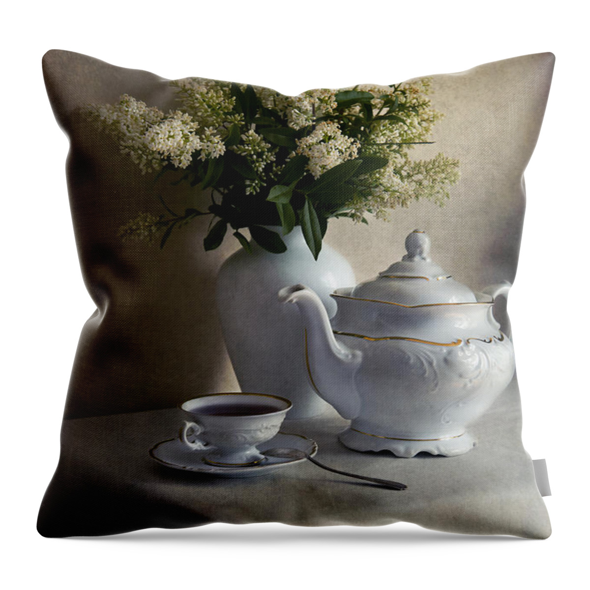 Still Life Throw Pillow featuring the photograph Still life with white tea set and bouquet of white flowers by Jaroslaw Blaminsky