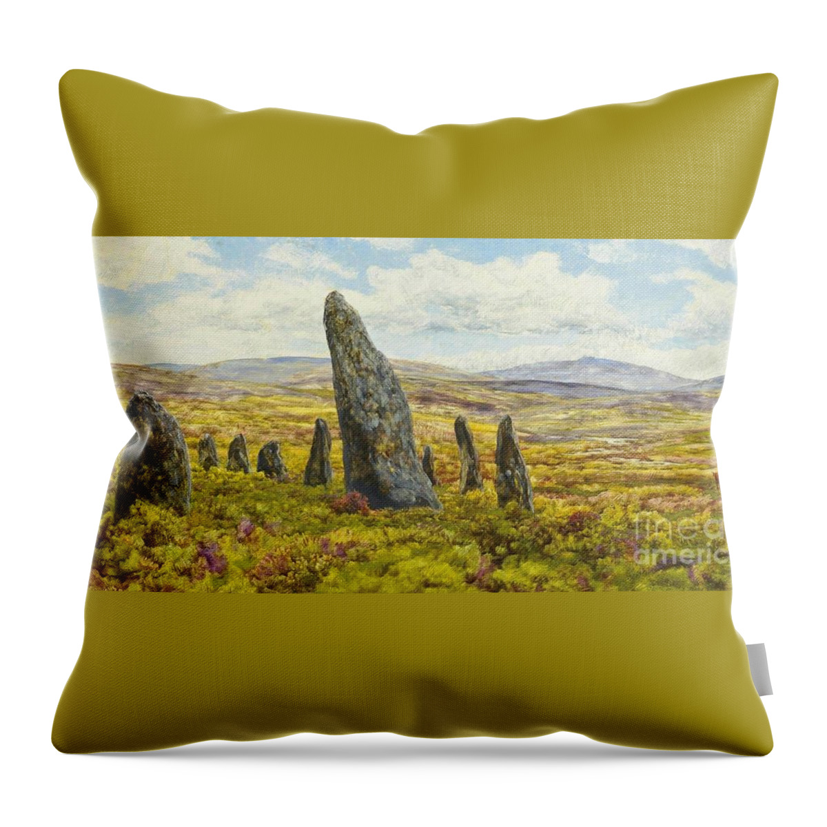 John Brett - Stone Circle On Dartmoor 1878.village Throw Pillow featuring the painting Stone circle on Dartmoor by MotionAge Designs