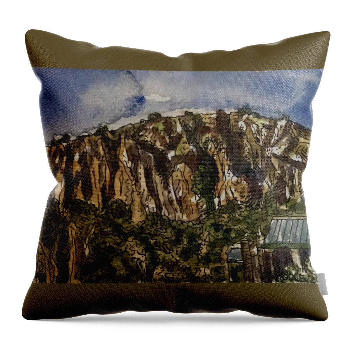 Landscape Throw Pillow featuring the painting Store at Davis Mountain's Base by Angela Weddle