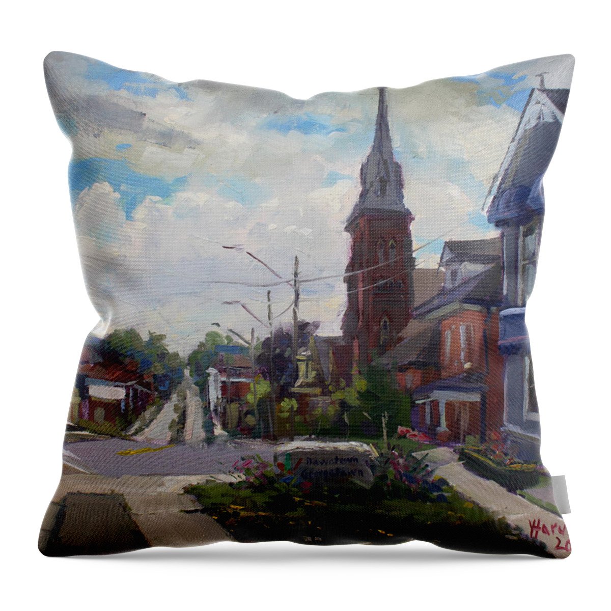 Storm Approach Throw Pillow featuring the painting Storm Approach over Downtown Georgetown by Ylli Haruni