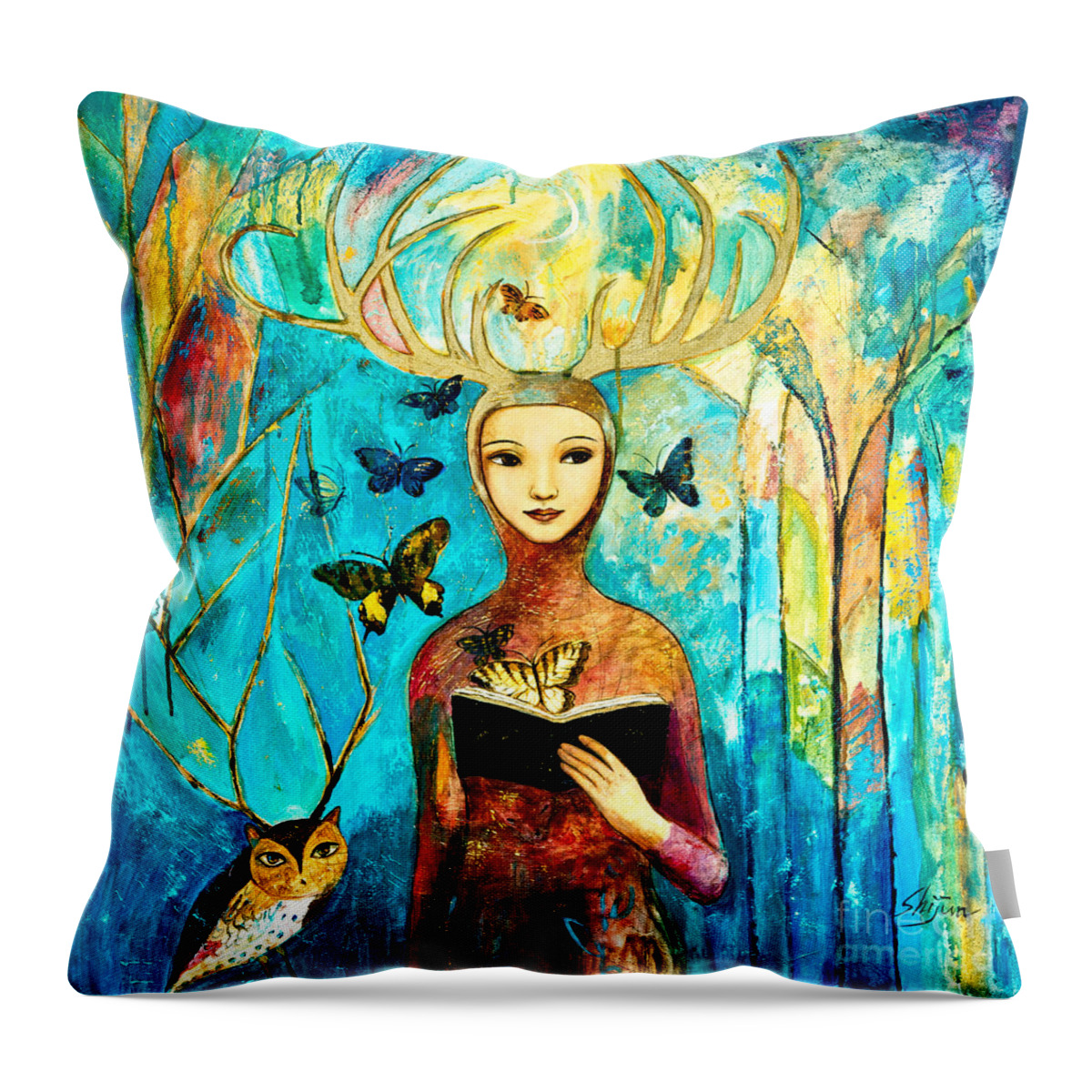 Shijun Throw Pillow featuring the painting Story of Forest by Shijun Munns