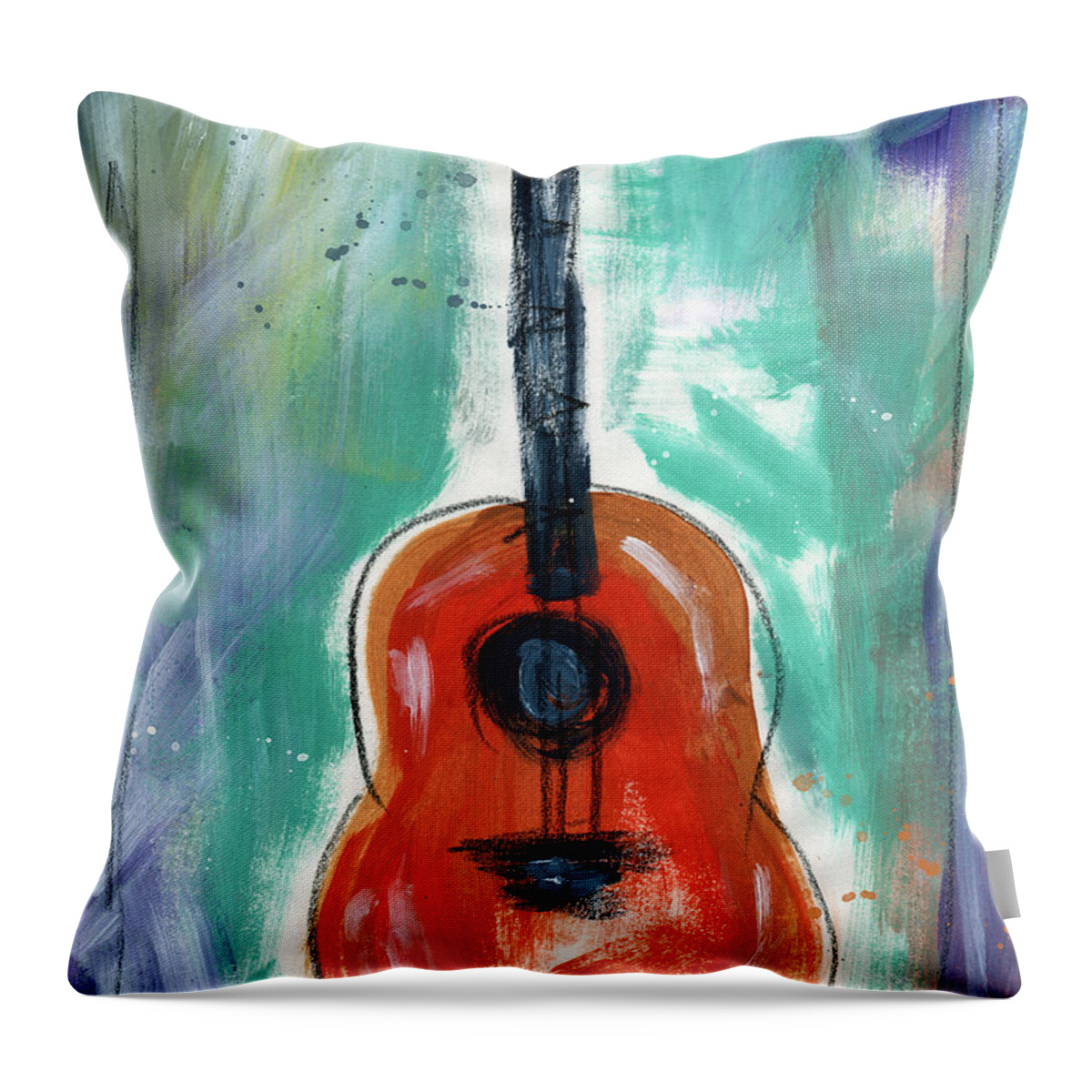 Guitar Throw Pillow featuring the painting Storyteller's Guitar by Linda Woods
