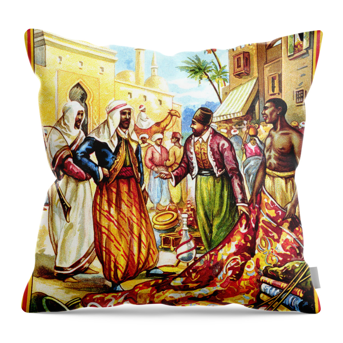 Arab Market Throw Pillow featuring the mixed media Street Scene in an Arab City - Arab Market - Persian Merchants - Vintage Advertising Poster by Studio Grafiikka