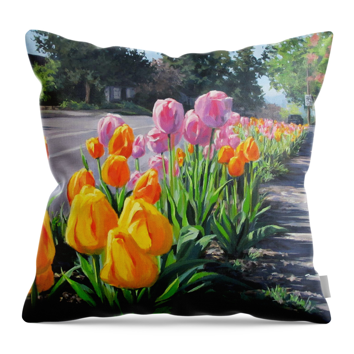 Large Throw Pillow featuring the painting Street Tulips by Karen Ilari