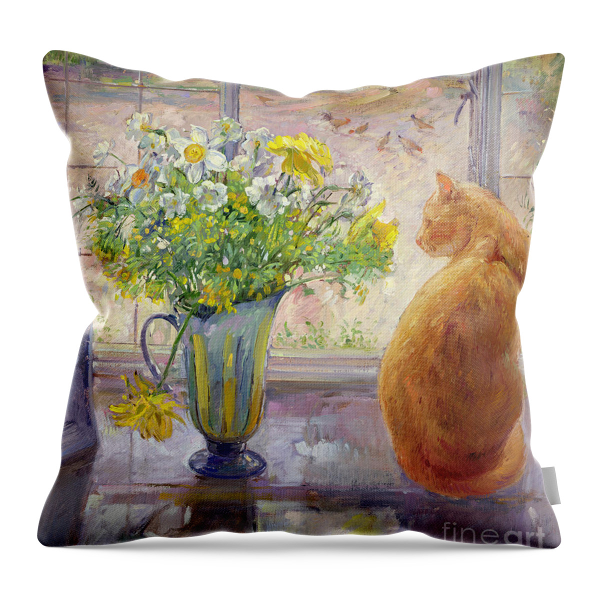 Ginger; Cat; Vase; Narcissi; Chicken; Pheasants Eye; Flower; Flowers ; Window; Open Window; Pheasant Throw Pillow featuring the painting Striped Jug with Spring Flowers by Timothy Easton