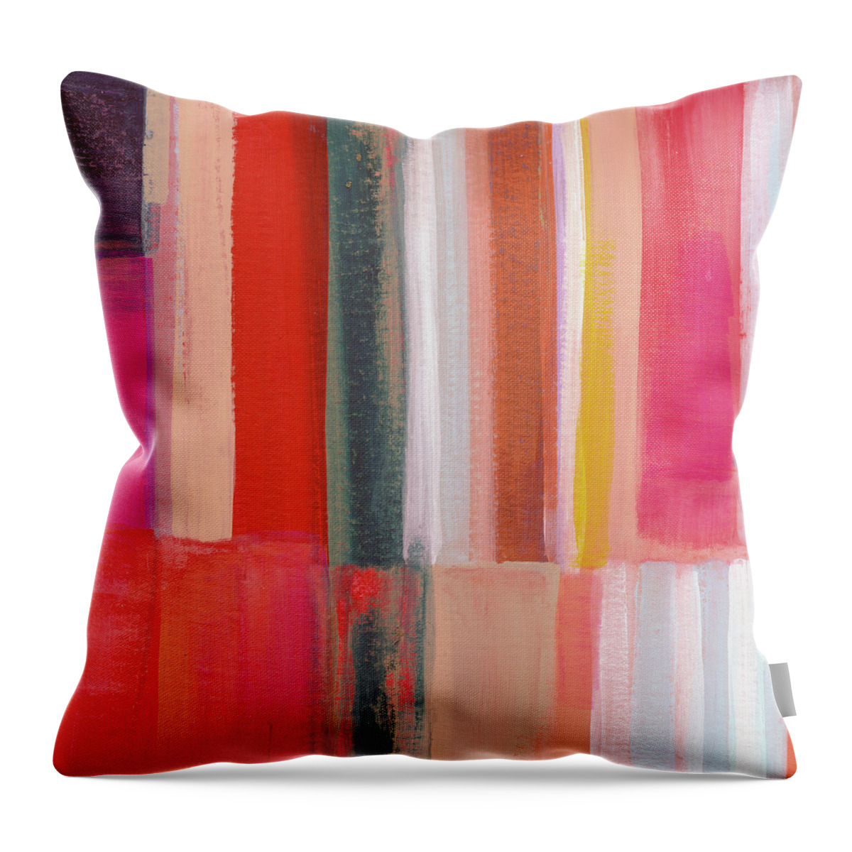 Abstract Modern Scandi Stripes Lines Square Large Colorful Colourful Pink Red Blue White Orange Texture Home Decorairbnb Decorliving Room Artbedroom Artloft Art Corporate Artset Designgallery Wallart By Linda Woodsart For Interior Designersgreeting Cardpillowtotehospitality Arthotel Artart Licensing Throw Pillow featuring the painting Stroget 1- Art by Linda Woods by Linda Woods