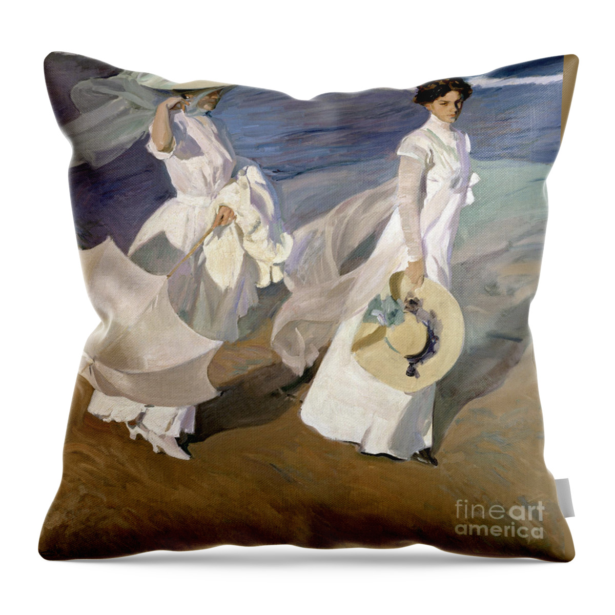 Sorolla Throw Pillow featuring the painting Strolling along the Seashore by Joaquin Sorolla y Bastida