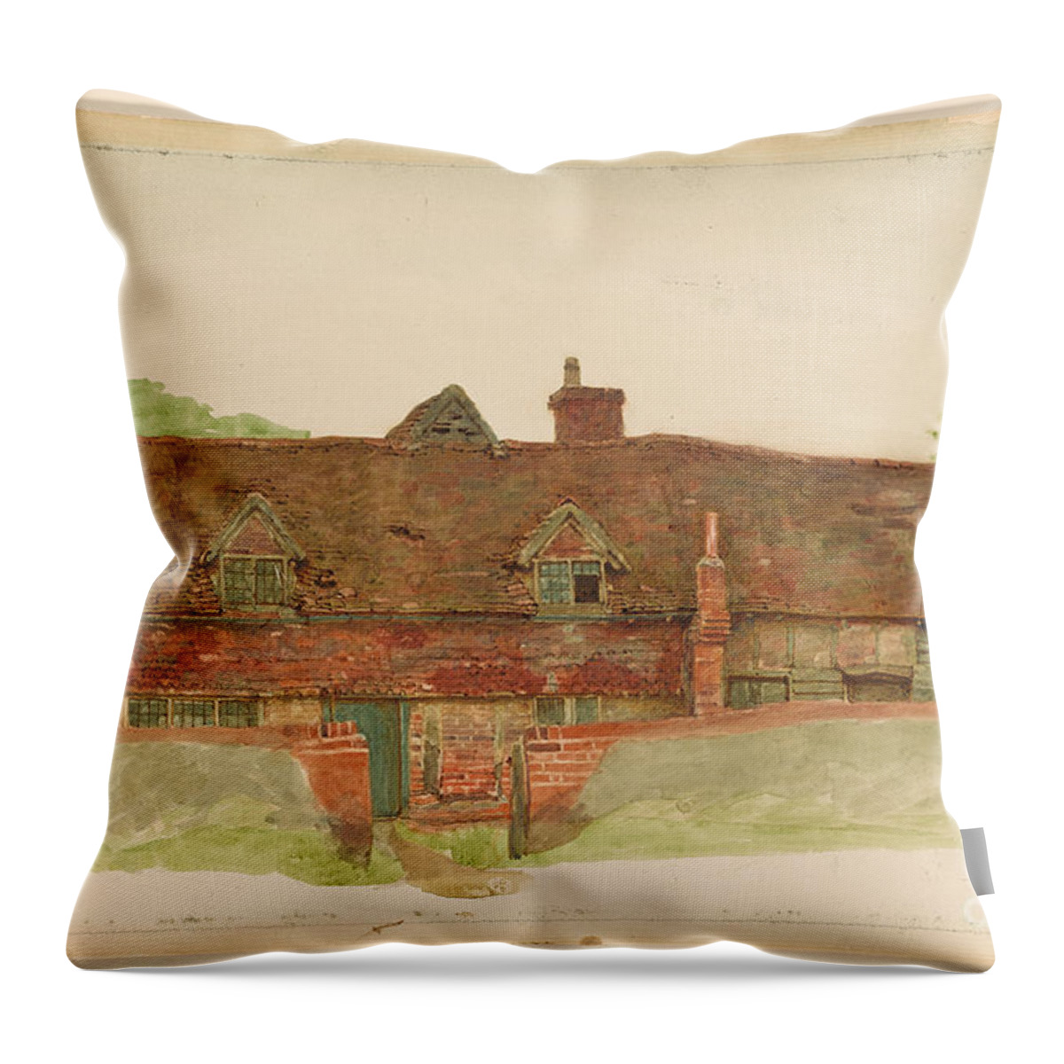 Kate Greenaway 1846-1901 Study Of A Long Cottage With Dormer Windows And Tiled Upper Wall. Beautiful House Throw Pillow featuring the painting Study of a Long Cottage with Dormer Windows by MotionAge Designs